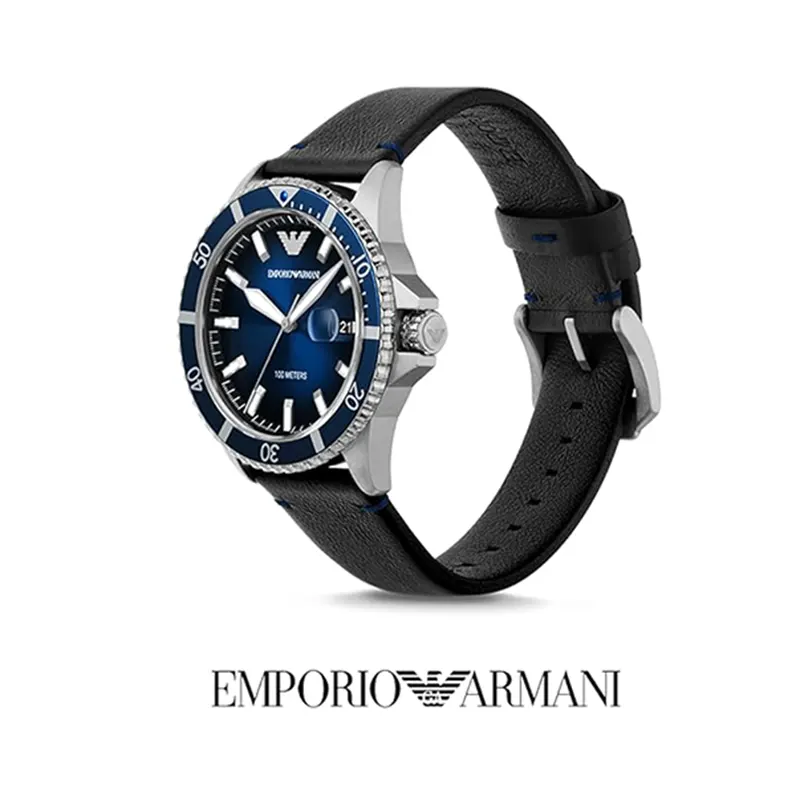 Emporio Armani Sea Explorer Blue Dial Black Leather Men's Watch- AR11516